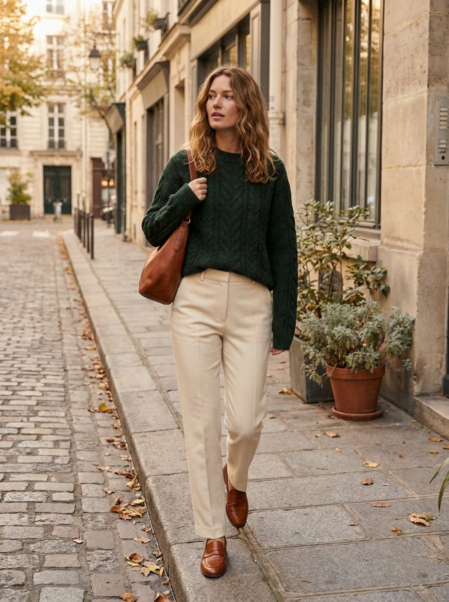 Beige Hose mit dunkelgrünem Strick - Herbst Outfit